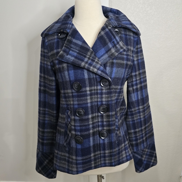 Aeropostale Women's Navy and Gray Plaid Peacoat - Picture 2 of 6